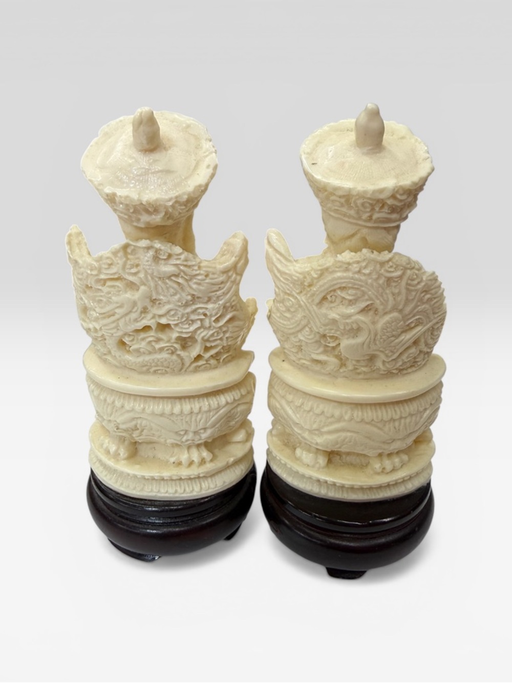 Vtg Cream Hand Carved Resin Chinese Emperor and Empress Wood Base Figurine Set 2 - Picture 2 of 2